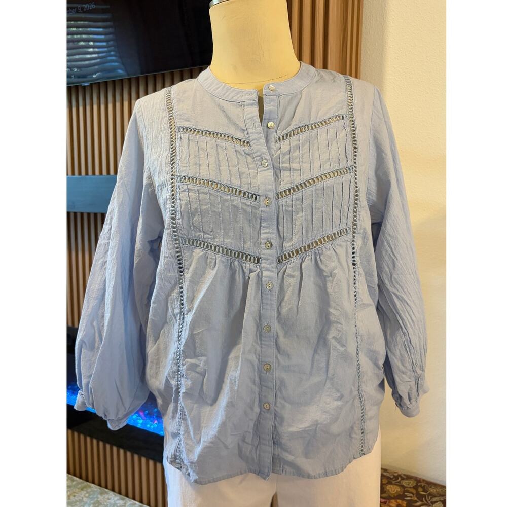 Maye Women’s Light Blue Cotton Pintuck Lace Inset Button Front Blouse Size S
